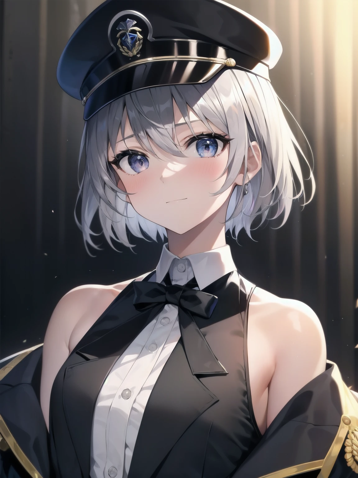 One girl,male_throw,big_chest,lavender_eye,Gray Hair,Face to the left,Looking at the audience,White military cap,帽子にhandを当てる,Small face, expensive_detailed_hand,expensive_resolution, expensive_meaning,Short Hair、Exposing shoulders, Exposing shoulders,Black tie,White shirt,A small smile,Black jacket,