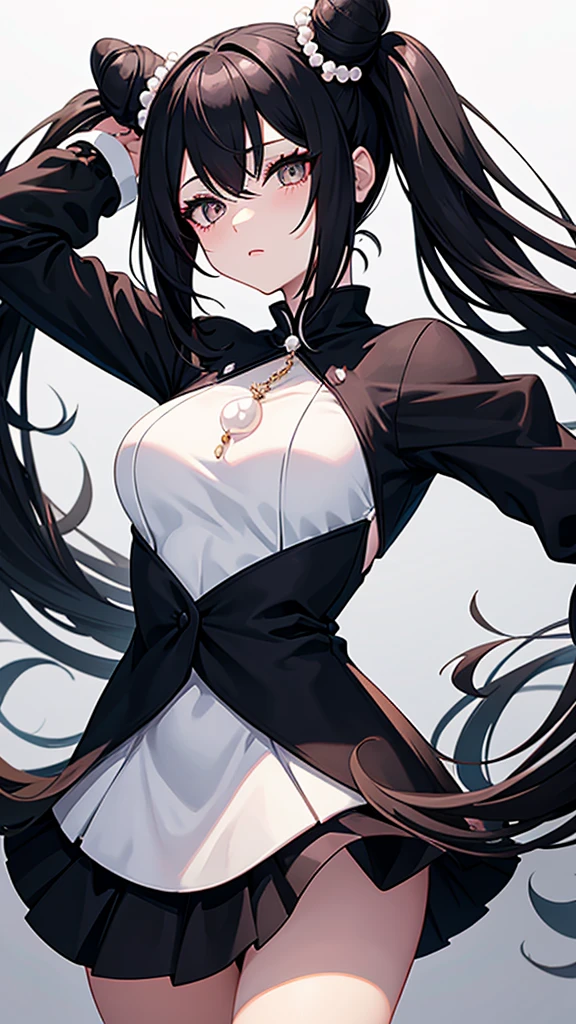 Anime sexy girl with black long hair, two buns, pearl white eyes, wearing black with prominent pearl white line dress 