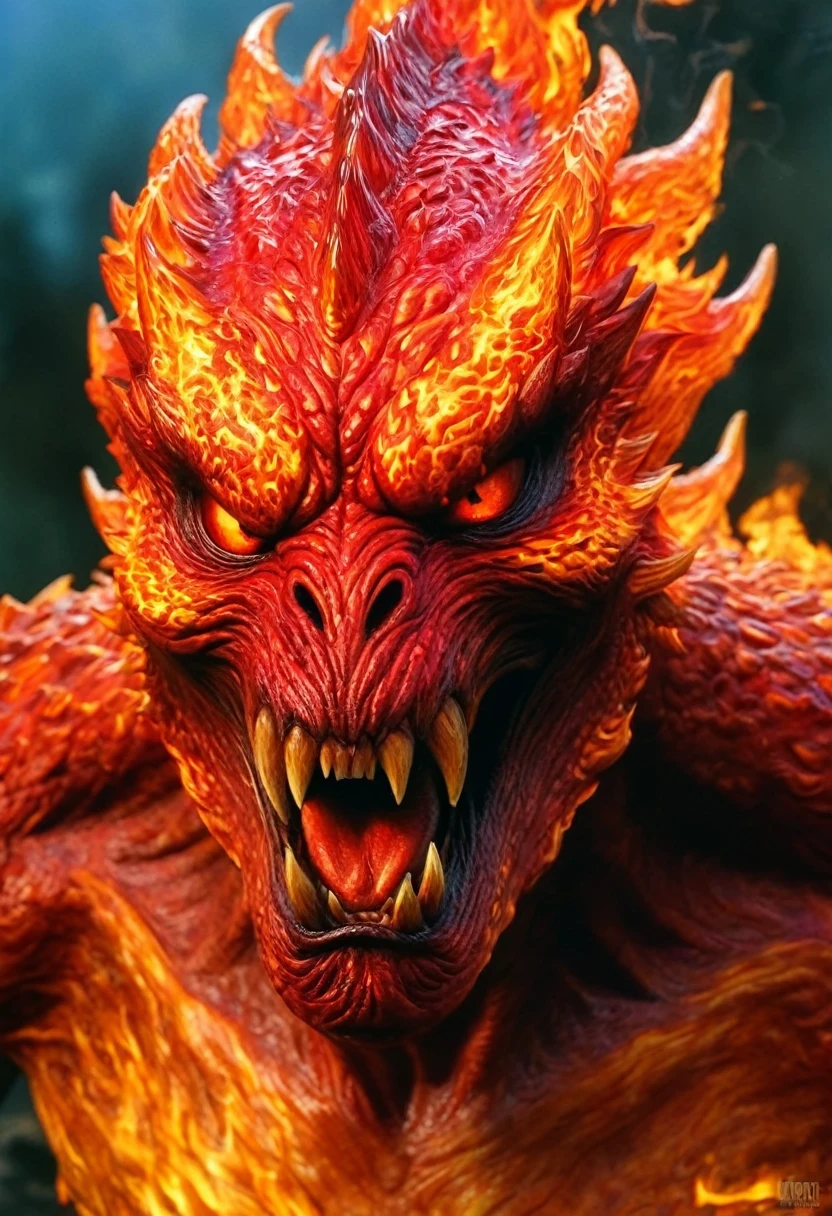 hell, Hell-like scenery, Fiery creature, Intense red, (Hyper-realistic facial features:1.3)
