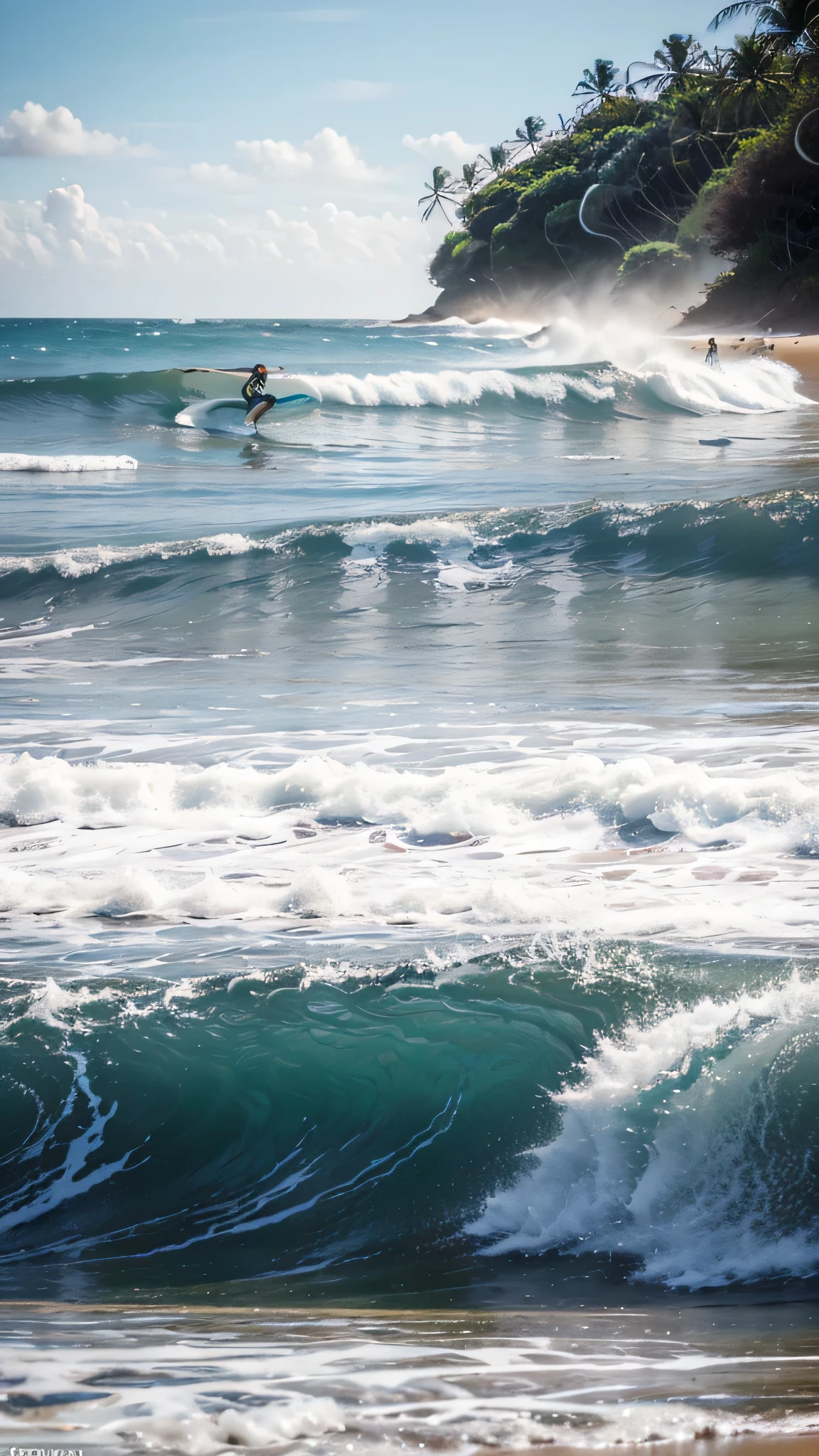 crie uma imagem que relacione o surf com futvolei e praia e espiritualidade para plano de fundo do pc