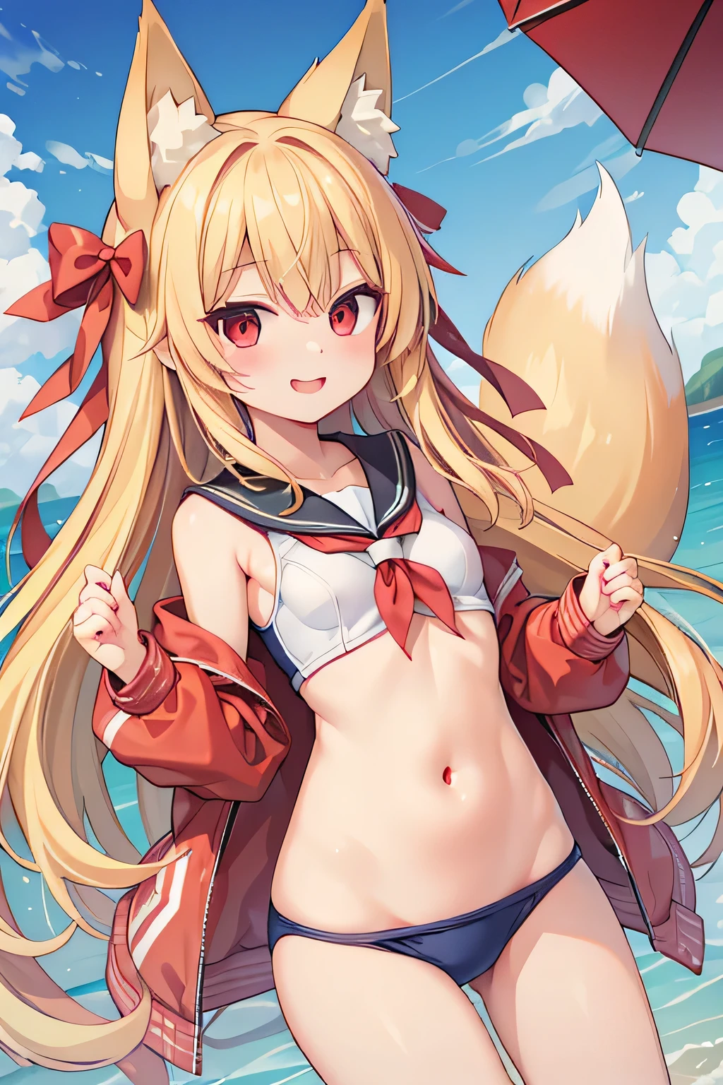 highest quality、、smile、Small breasts、Fox ears、Long blonde、Red Eye、School Swimsuit