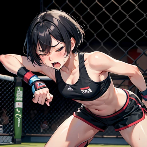 Cute Japanese high school girl on all fours with short cut black hair during a match in a women's mixed martial arts ring, pained expression, one eye closed, mouth wide open, out of breath, drooling, very sweaty, out of stamina, slender body, poor breasts, small breasted sports bra, high leg shorts, open finger gloves