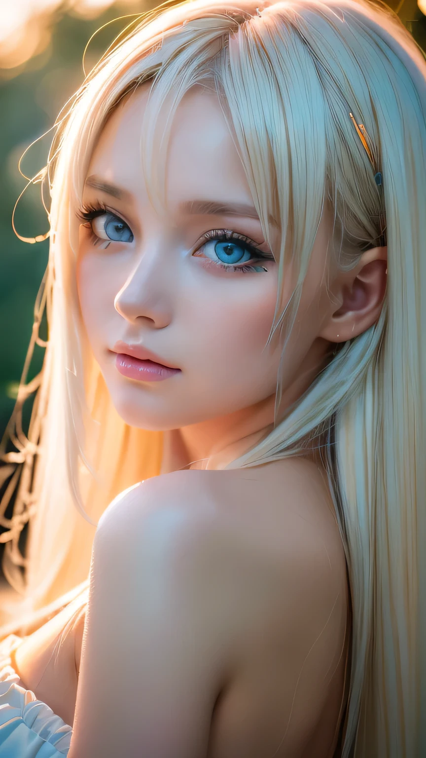 night, Raw photo, (((Very beautiful portrait))), (Glowing Skin)), 1 girl, 16 year old beautiful girl from Prague, (((Natural platinum blonde hair)), [Bright Blue Eyes], Super long hair, eyeliner, Fluttering Hair, Vibrant, ((masterpiece, 最high quality, Ultra Detail, Cinematic Light, Intricate details, High resolution, 8K, Very detailed)), Detail Background, 8K uhd, Digital single-lens reflex camera, Soft lighting, high quality, Film Grain, Fujifilm XT3, Shallow depth of field, Natural light, (Perfect hands), Perfect Face, View from afar、Small Face Beauty、