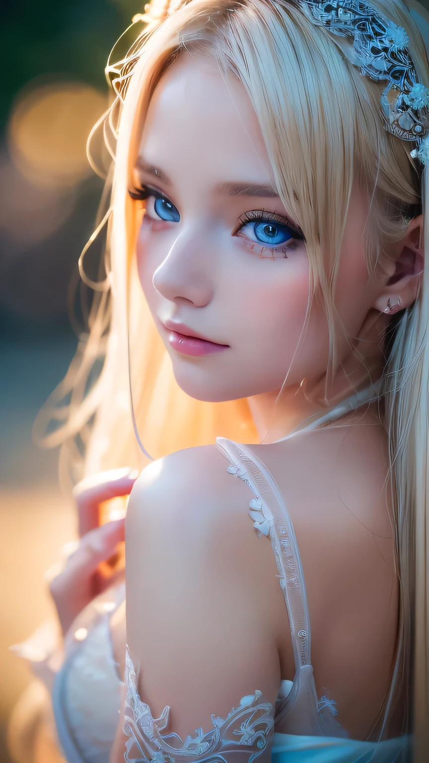 night, Raw photo, (((Very beautiful portrait))), (Glowing Skin)), 1 girl, 16 year old beautiful girl from Prague, (((Natural platinum blonde hair)), [Bright Blue Eyes], Super long hair, eyeliner, Fluttering Hair, Vibrant, ((masterpiece, 最high quality, Ultra Detail, Cinematic Light, Intricate details, High resolution, 8K, Very detailed)), Detail Background, 8K uhd, Digital single-lens reflex camera, Soft lighting, high quality, Film Grain, Fujifilm XT3, Shallow depth of field, Natural light, (Perfect hands), Perfect Face, View from afar、Small Face Beauty、