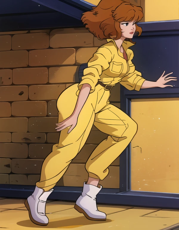 nice hands, perfect hands, absurdres, april o'neil, 1girl, short brown hair, black eyes, full body, yellow jumpsuit, sleeves rolled up, white belt, on fours , side view,