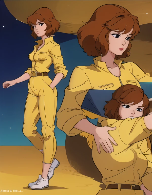 nice hands, perfect hands, absurdres, april o'neil, 1girl, short brown hair, black eyes, full body, yellow jumpsuit, sleeves rolled up, white belt, on fours , side view,
