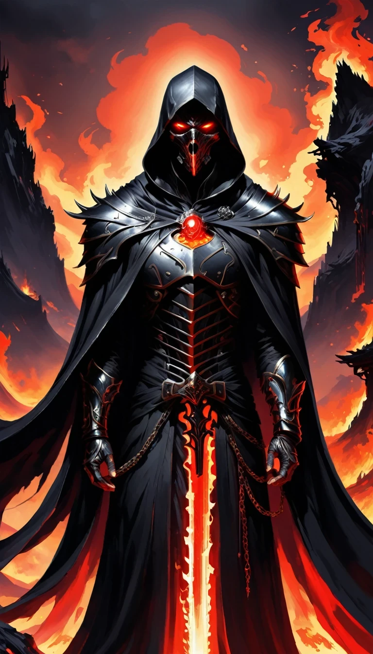 Lava,Hell style, Lava Lich King, Black Lava Necromancer armor with red elements ,Black hood and cape, Robe-Infused Armor, Glowing eyes,smokes, Natural Inspiration, Bones as accessories, Abandoned City Night, Linquivera background filled with chaotic patterns, Disturbing, Frustration, masterpiece, HD,
