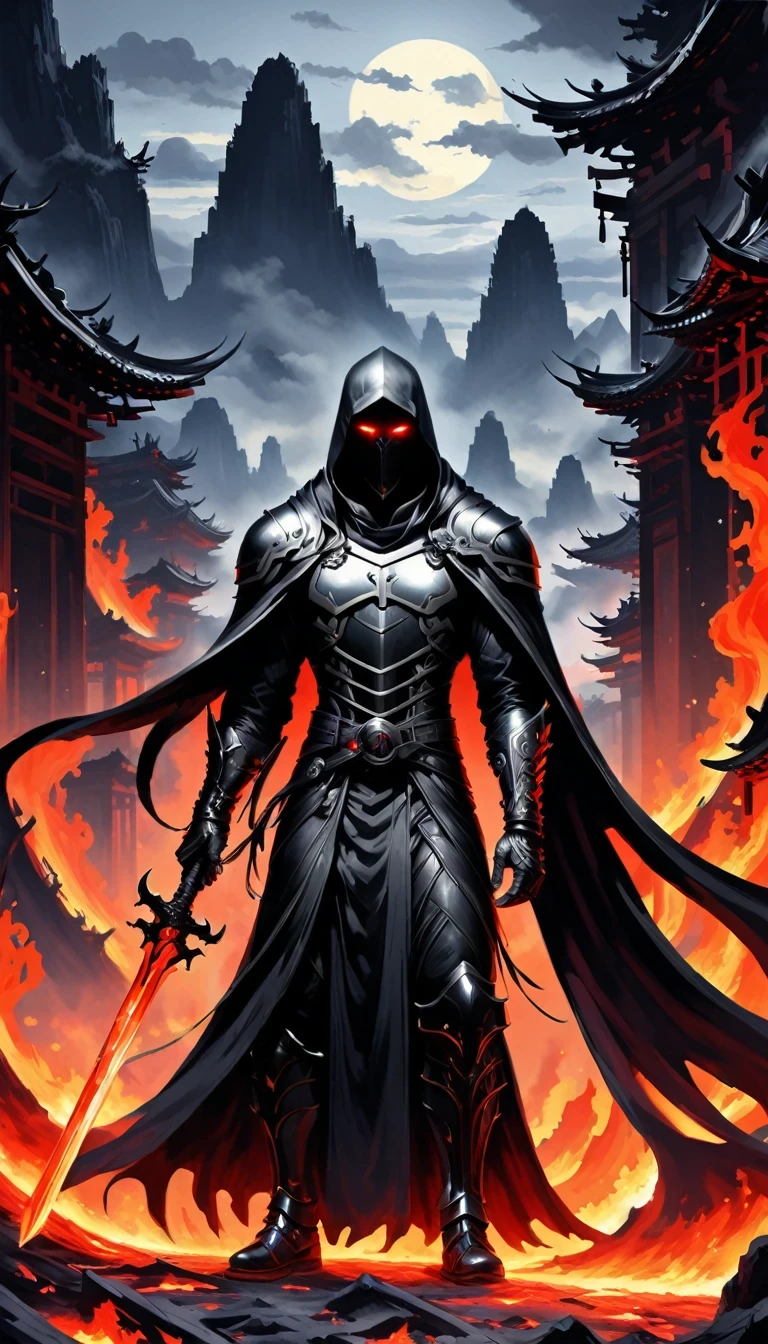 Lava,Hell style, Lava Lich King, Black Lava Necromancer armor with red elements ,Black hood and cape, Robe-Infused Armor, Glowing eyes,smokes, Natural Inspiration, Bones as accessories, Abandoned City Night, Linquivera background filled with chaotic patterns, Disturbing, Frustration, masterpiece, HD,
