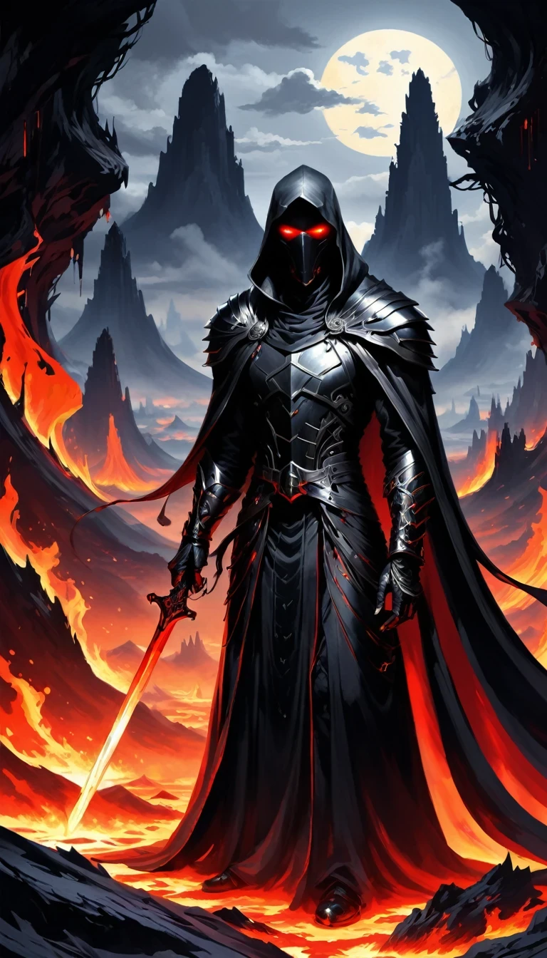 Lava,Hell style, Lava Lich King, Black Lava Necromancer armor with red elements ,Black hood and cape, Robe-Infused Armor, Glowing eyes,smokes, Natural Inspiration, Bones as accessories, Abandoned City Night, Linquivera background filled with chaotic patterns, Disturbing, Frustration, masterpiece, HD,