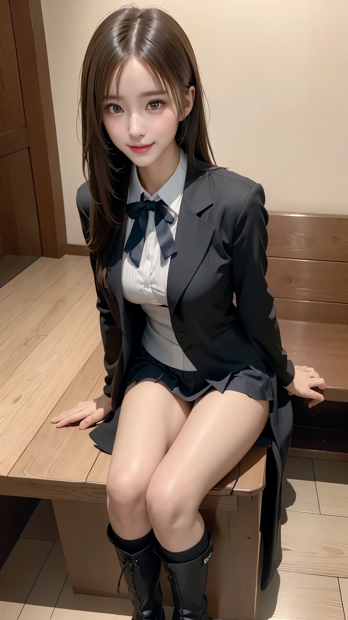 (Best Quality, 4K, 8K, hight resolution, masutepiece:1.2),1 beautiful young girl, Super beautiful detailed face, shyly smile, Symmetrical black eyes),  1 girl with a perfect body， Super fine face and eyes，slong hair，(fishnet garment:1.3, grey blazer, ribbon, socks, long-boots, high school uniform: 1.2)，hime cut hair, (Fine face:1.2), High quality, Realistic, Highly detailed CG unified 8K dendenden wallpaper, Highly detailed, High-definition raw color photos, Professional Photography, Realistic portrait, Cinematic Light, Beautiful detailed, Super Detail, high details,  depth of fields, ((FULL BODYSHOT:1.5))、Medium Hair、semi long hair、(thighs)、(beauty legs)、(Idol Face)、Embarrassed face、 Ultra-detailed, (Realistic, Photorealistic, Photorealsitic:1.37), (Beautiful detailed eyes, Beautiful detailed lips, extremely detailed eye and face), Vivid colors, (Big Tits, ultra, Glamorous body), (Long black straight hair, Shiny hair, Shiny skin),(random sexy pose)、(Photographed up to the calf)、full body Esbian