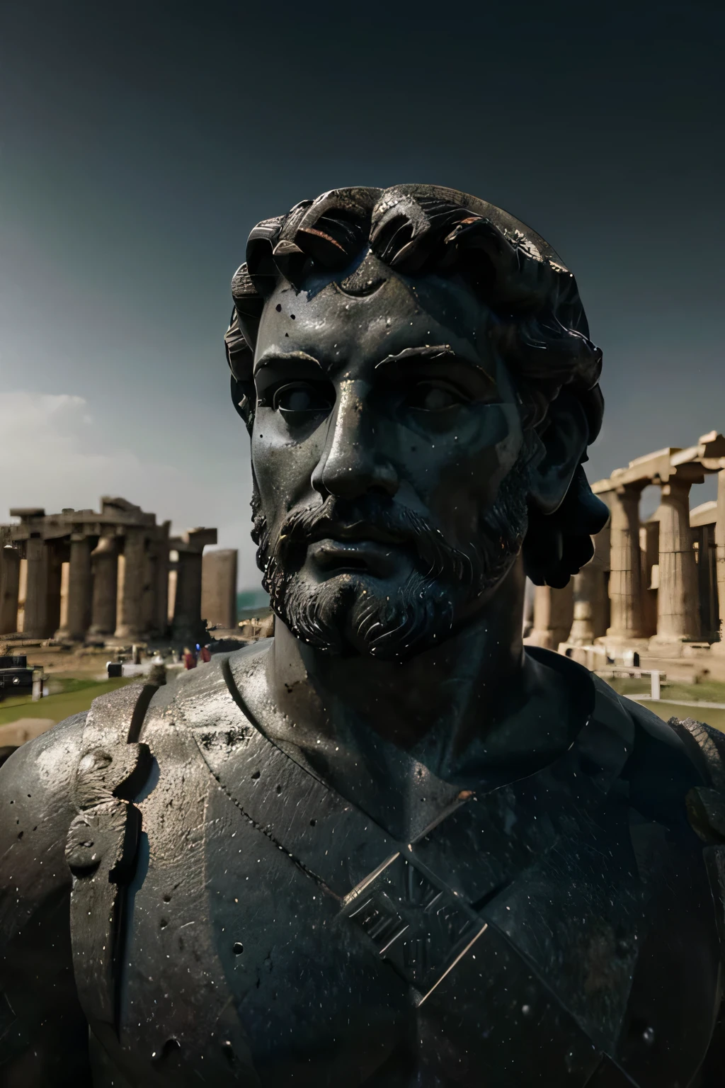 "A dark landscape image of an ancient greek society deeply connected to stoicism, black and white, ancient greek architecture, include one single big statue of a stereotypical strong greek man, marcus aurelius --ar 16:9 --style G4JuqKlERum6vZGYhO9USsL"