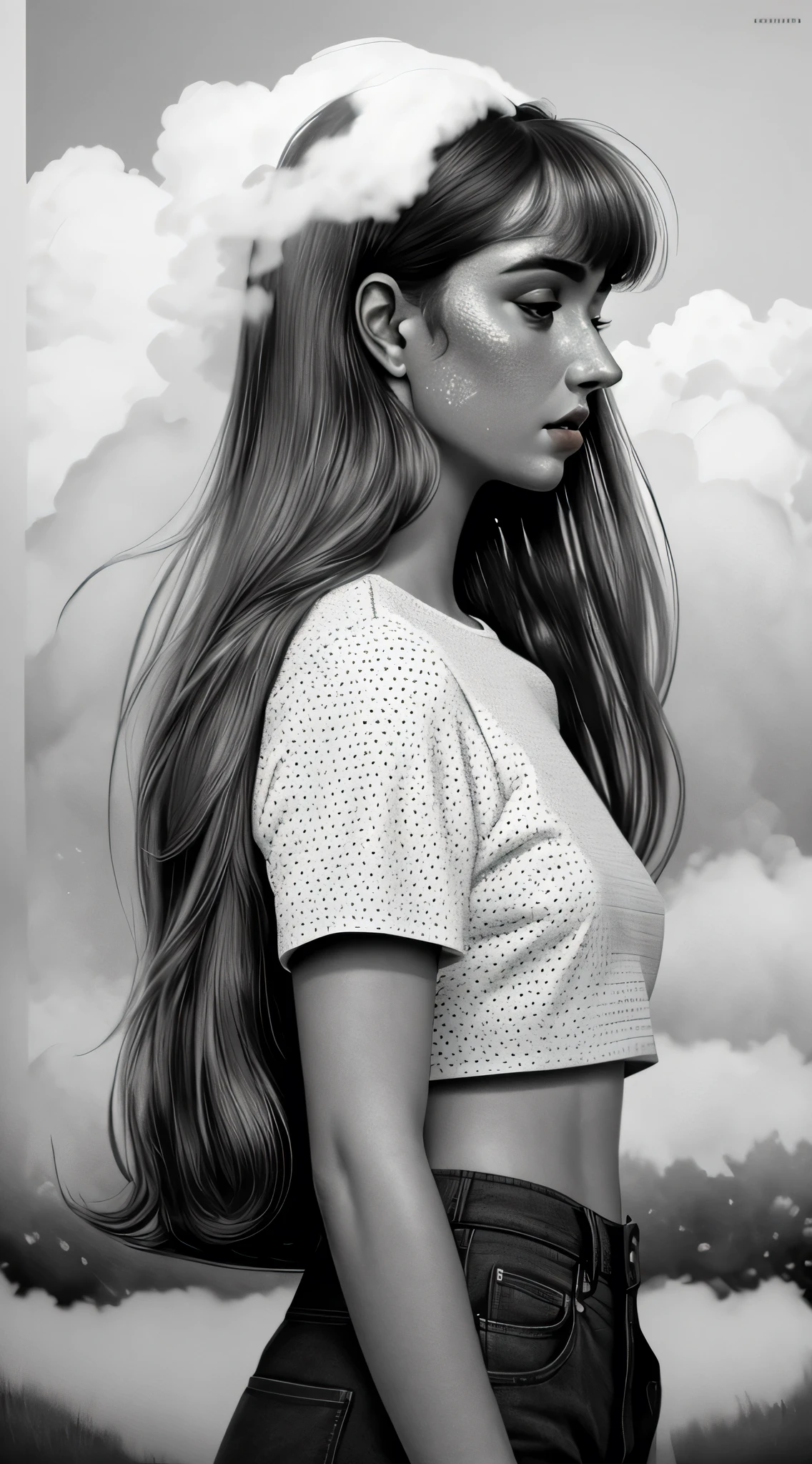 (monochrome, line art, halftone),(,perfect face,crop top,short sleeves,mary janes,wide hips),(Pastel colors,dreamscape,white sky,fog) Beautiful, french, Canadian, 30 yr old Woman, long messy hair with bangs, freckle covering body, fantasy long dark brown hair, hangout in Paris. ferrenia p30 film, messy hair, (high detailed skin:1.3), (skin pores:0.8), (s, profile portrait,