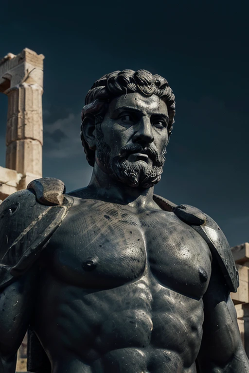 "A dark landscape image of an ancient greek society deeply connected to stoicism, black and white, ancient greek architecture, include one single big statue of a stereotypical strong greek man, marcus aurelius --ar 16:9 --style G4JuqKlERum6vZGYhO9USsL"