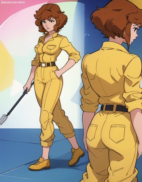 nice hands, perfect hands, absurdres, april o'neil, 1girl, short brown hair, black eyes, full body, yellow jumpsuit, sleeves rolled up, white belt, on fours , side view, back view, ass