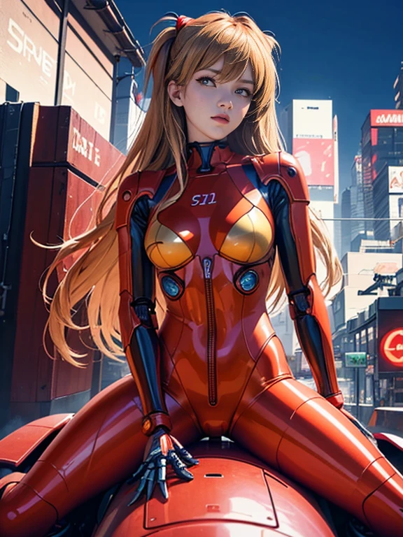 Asuka Langley a spaceship pilot in a latex suit with robotic limbs, laying down in a pod, in a cyberpunk setting, cyborg, implants, high details, realistic, photorealism, very very long hair, (tranceparent:1.3), ((cowgirl_position, straddling)), looking up at viewer, 8k,souryuuasukalangley,girl,s0da 