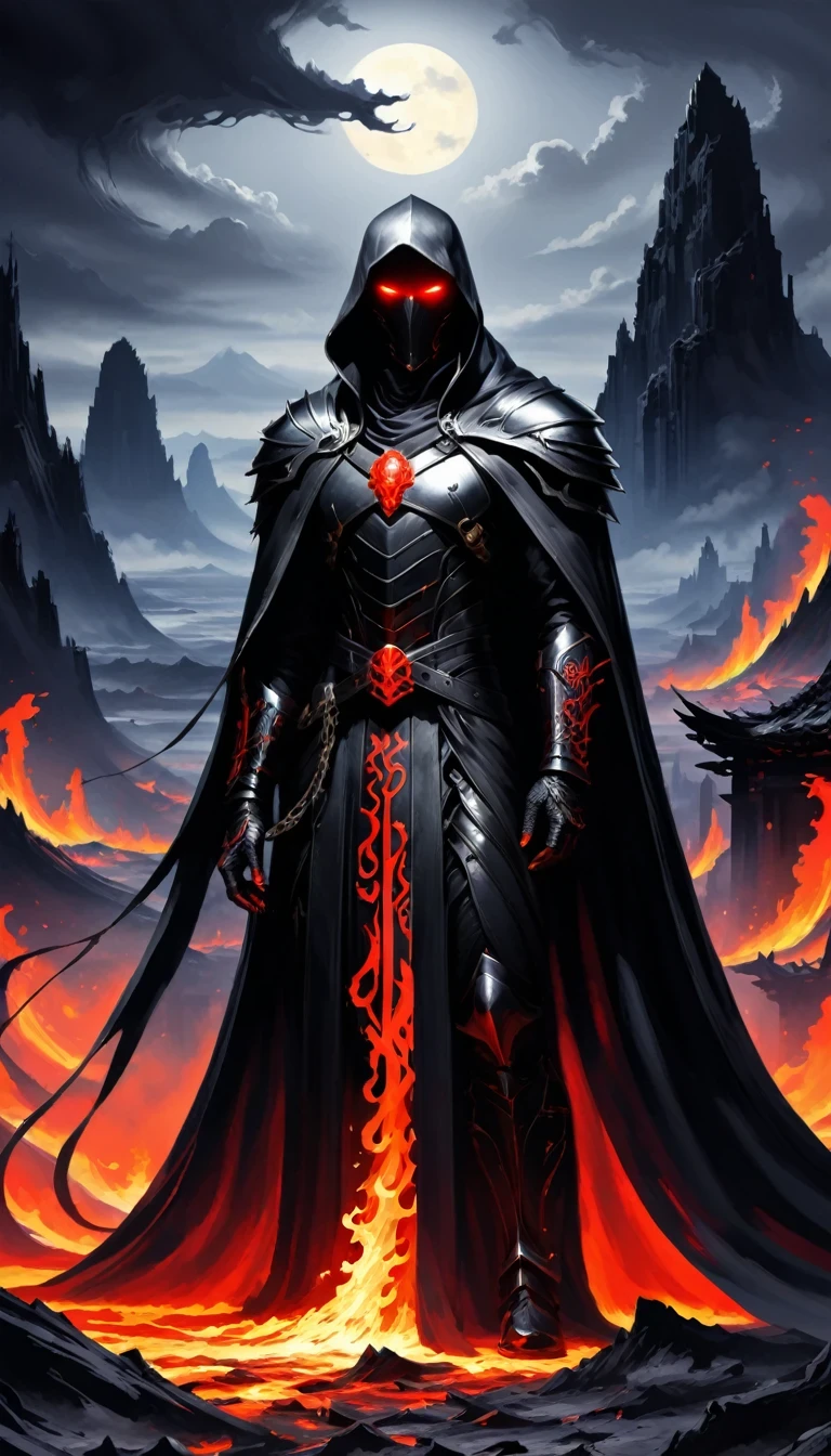 Lava,Hell style, Lava Lich King, Black Lava Necromancer armor with red elements ,Black hood and cape, Robe-Infused Armor, Glowing eyes,smokes, Natural Inspiration, Bones as accessories, Abandoned City Night, Linquivera background filled with chaotic patterns, Disturbing, Frustration, masterpiece, HD,