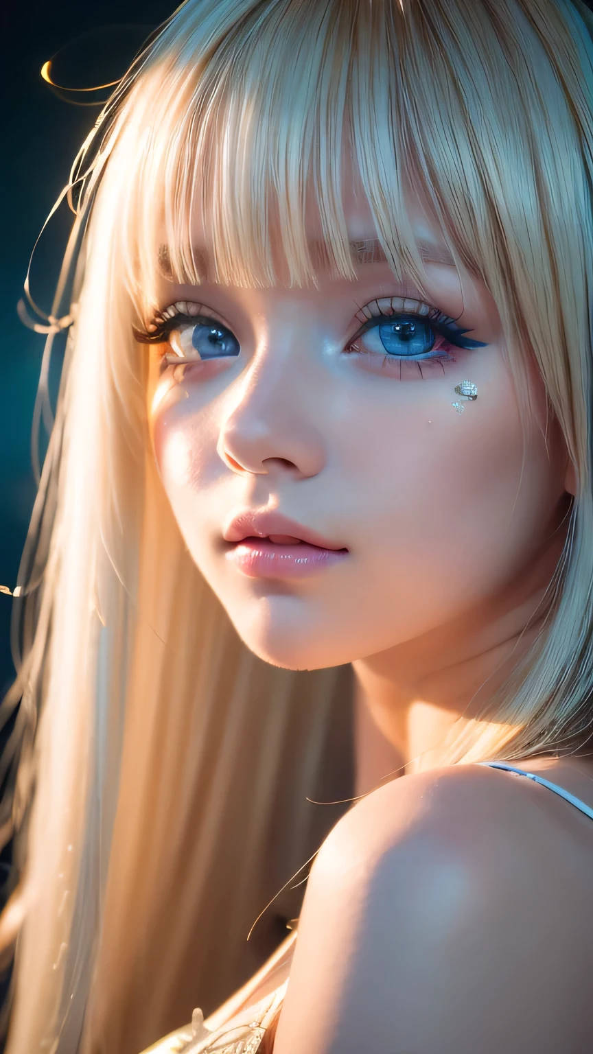 night, Raw photo, (((Very beautiful portrait))), (Glowing Skin)), 1 girl,  beautiful girl from Prague, (((Natural platinum blonde hair)), [Bright Blue Eyes], Super long hair, eyeliner, Fluttering Hair, bangs over eyes、Vibrant, ((masterpiece, 最high quality, Ultra Detail, Cinematic Light, Intricate details, High resolution, 8K, Very detailed)), Detail Background, 8K uhd, Digital single-lens reflex camera, Soft lighting, high quality, Film Grain, Fujifilm XT3, Shallow depth of field, Natural light, (Perfect hands), Perfect Face, View from afar、Small Face Beauty、