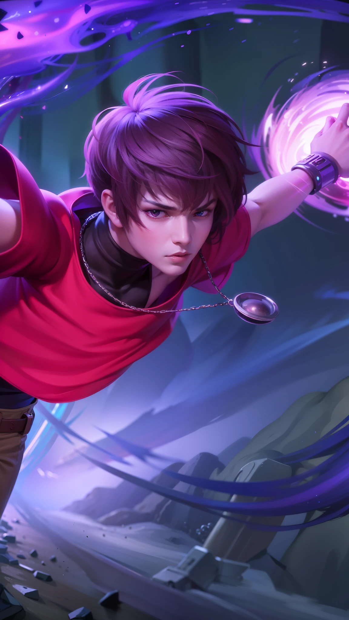 boy with purple hair and red shirt holding a purple ball, Masterpiece, ultra HD, detailed all picture, a close up of a devil, dyrroth from mobile legend, evil, extremely detailed artgerm, mobile legends character, inspired by Dyrroth, Six pack chest and abs, black jewel above the chest, strong red eyes, glare.
