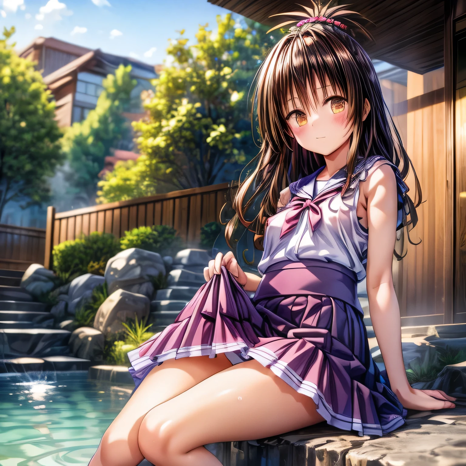 realistically, hair ornament, outdoor, onsen, daytime, lightray, glitter hair, brown eyes, glowing eyes, white short skirt, ultra shot skirt, Blush, daytime, Wet, see through, sleeveless shirt, pussy, nipples, armpit, ************, pussy, tricky smile, (((sit with knees raised))), windy, mikan, (((wind blow skirt up))), masterpiece, highest quality, Highest resolution, highest detailed face, perfect hands, perfect anatomy, 