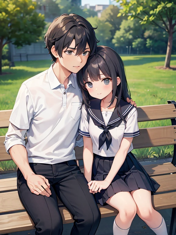 Young girl、Very cute、small、Firm breasts、Black Hair、School uniform、Troubled expression、One Girl、Park bench、sit、Middle-aged man、An old man clings to a young girl、Touching a girl&#39;s crotch