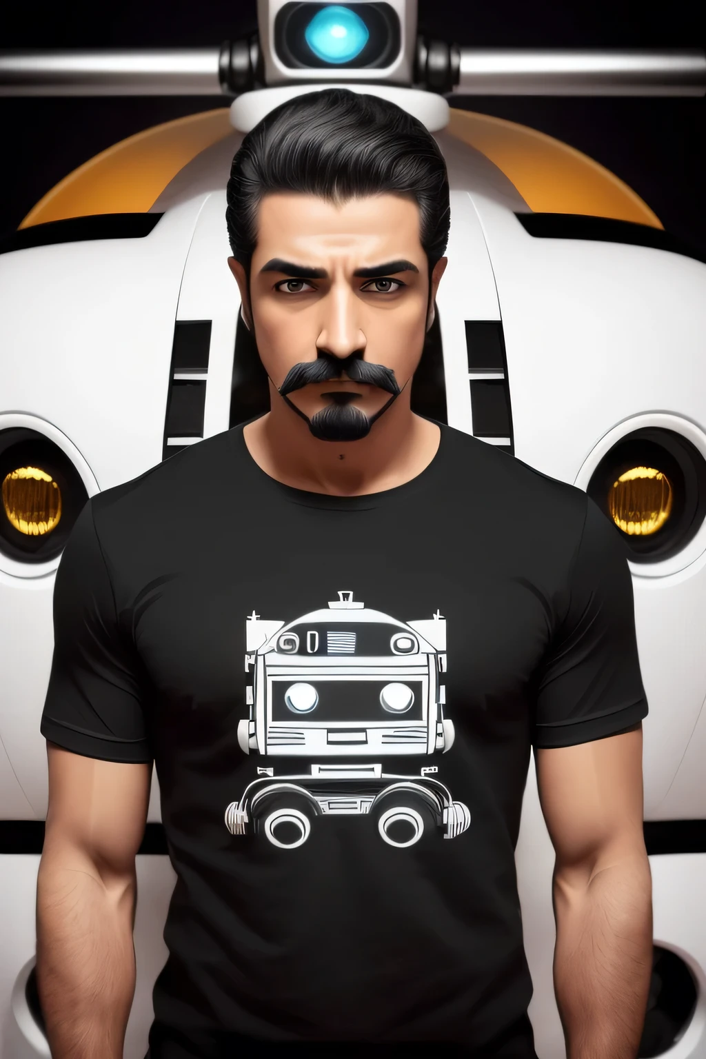 olhos estreitos , bigode, ((monochrome black t-shirt)) , luvas , Homem cazaque, ((estilo futuro)) , Luz de fundo laranja , cabelo curto preto, olhar taciturno, serious face, ((charuto nos dentes)) , Corpo treinado, ((Robot in the background ))white with yellow fanaries , instrument in hand ,((standards )) ,(cinematic:1.4), (hiperrealista:1.4), ((detalhes intrincados)), HDR, ((detalhes intrincados, hiperdetalhado)), (pele detalhada:1.3), (HDR:1.5), (cores suaves:1.2) (cor branca fosca)
