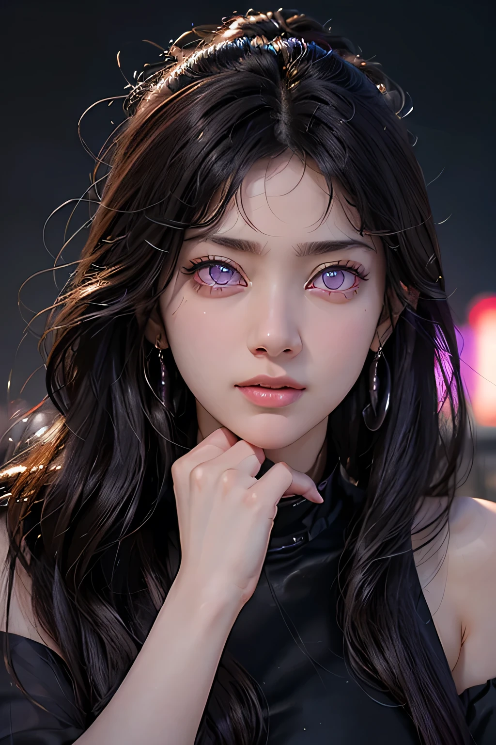 One female , bright purple eyes , "pupils glowing purple" , black hair , blonde highlights" , very_long_hair , big_breasts , wearing necakle neck,perfect figure , detailed face ,perfect face, upper body, masterpiece , best quality , ultra detailed , (detailed background) , perfect shading , high contrast , best illumination , extremely detailed , ray tracing , realistic lighting effects , neon noir illustration , perfect hands:1.1