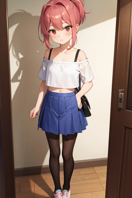 8k,masterpiece, best quality, 1 Girl,bedroom,big eyes,,Slender figure,short and small,Red eyes, Light blue double ponytail, Wear a white shirt,Show your belly button,Wearing a black pleated skirt,Off-shoulder,Shy, blush,Pantyhose,Standing,Black sneakers,