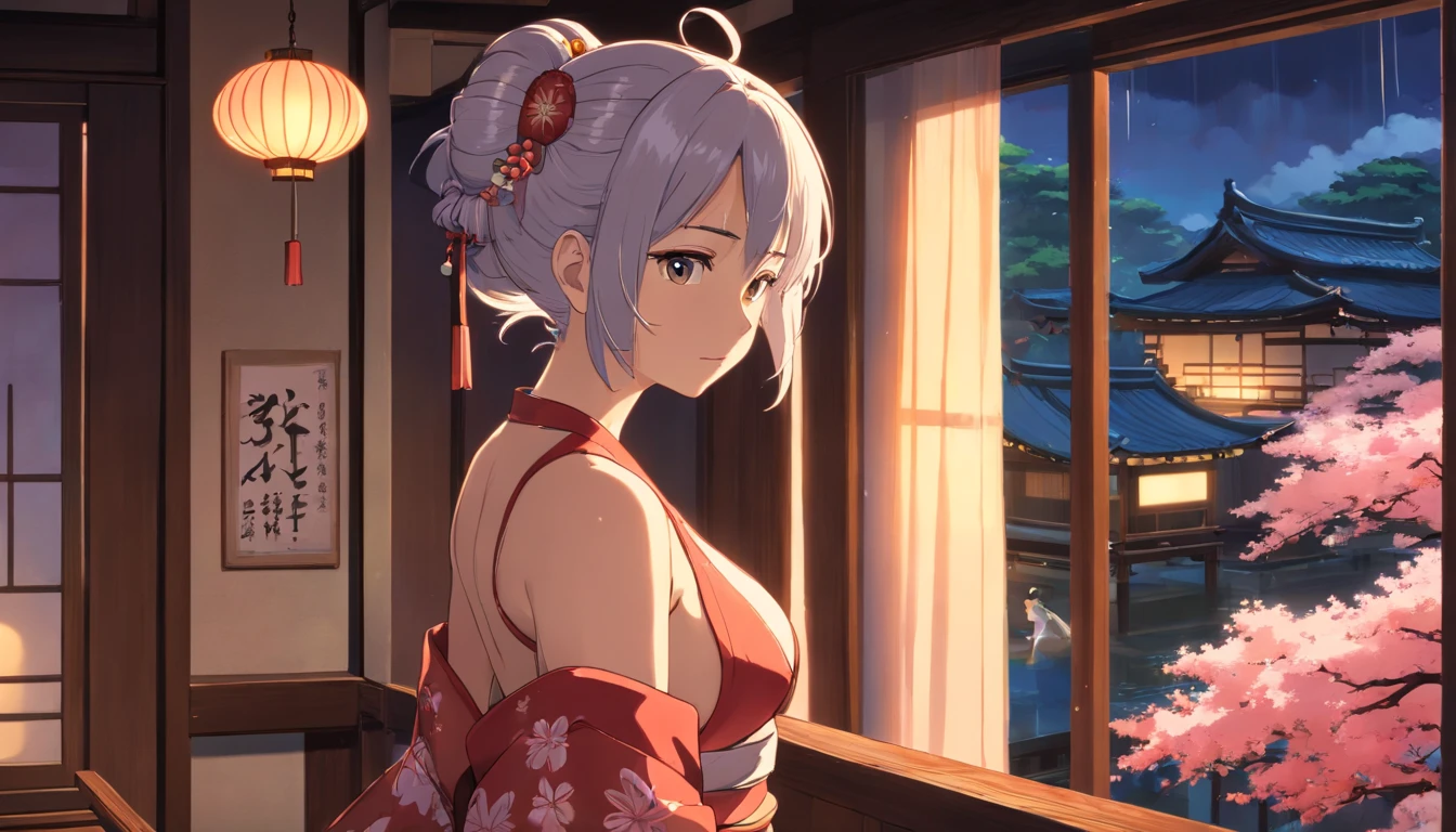 Anime girl looking out from Japanese room in front of window, Makoto Shinkai Cyril Roland, 4k anime wallpaper, anime art wallpaper 4k, Ilya Kuvshinov landscape, beautiful anime scenes, hd anime cityscape, amazing wallpaper, 4k anime wallpaper, anime wallpaper 4k by Yuumei, Character 1: woman with white hair and straight ponytail. Beautiful large breasts: 1.3, Sexy shot with gorgeous oiran in floral pattern, Japanese garden house, large windows, Japanese garden cherry blossom lights up at night,Heavy rain outside and bad weather