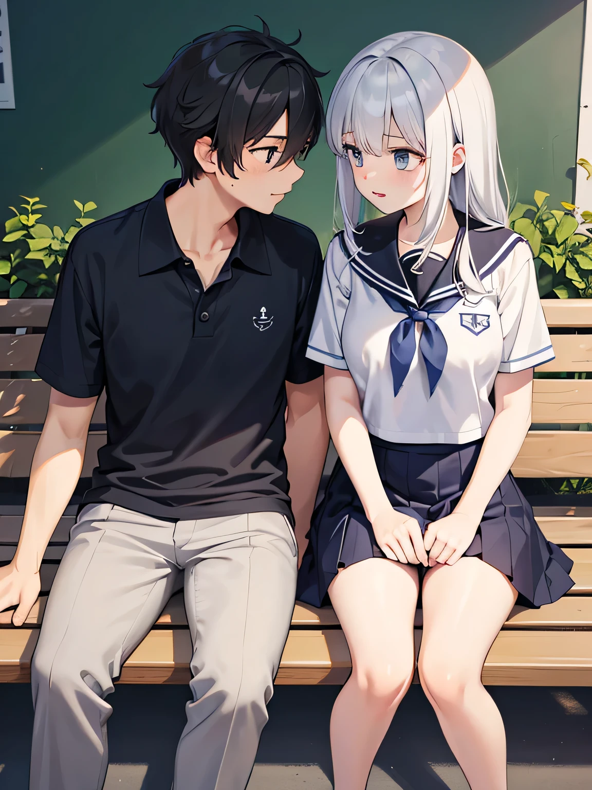 (1) A male-female couple sitting side side
(2) The woman is wearing a sailor uniform and gray plated skirt
(3) The man is wearing a polo white and gray slakcs
(4) The location is a bench in a school
(5) The two are looking at each other