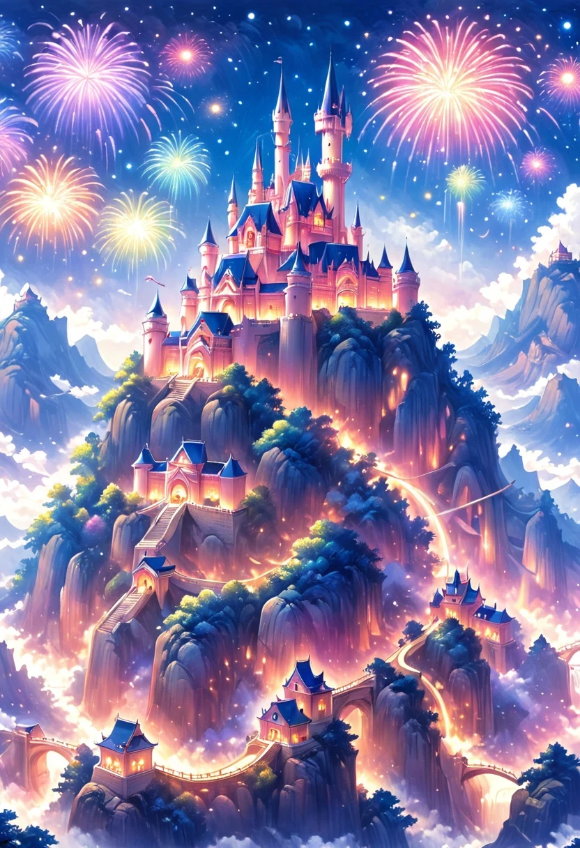 Dream Castle，Castle in fireworks，Castle with wings，Flying castle，Castle in the sky。Rainbow Castle，Pink Space