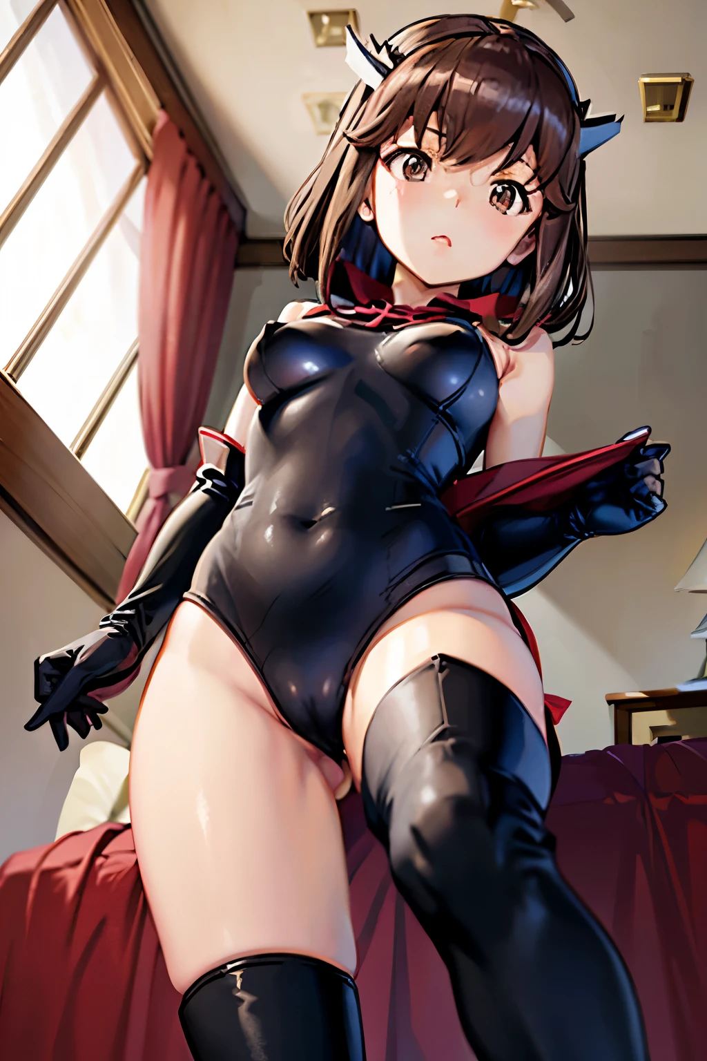 Taeko Kondo、Girls&Panzer、Brown Hair、Short Hair、((Thigh-high boots))、Photo from below、Medium chest、Bedroom、(Doronjo)、Red ribbon、Black gloves、leotard、