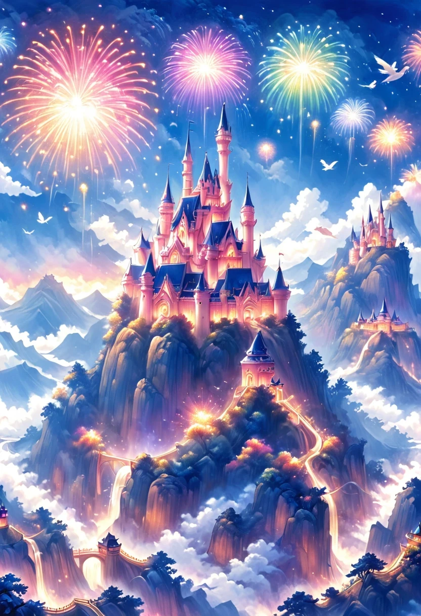 Dream Castle，Castle in fireworks，Castle with wings，Flying castle，Castle in the sky。Rainbow Castle，Pink Space