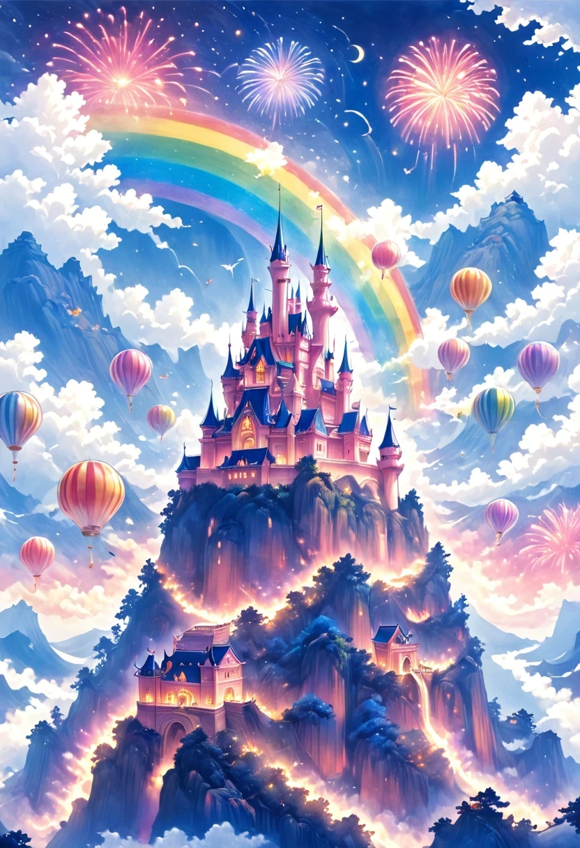 Dream Castle，Castle in fireworks，Castle with wings，Flying castle，Castle in the sky。Rainbow Castle，Pink Space