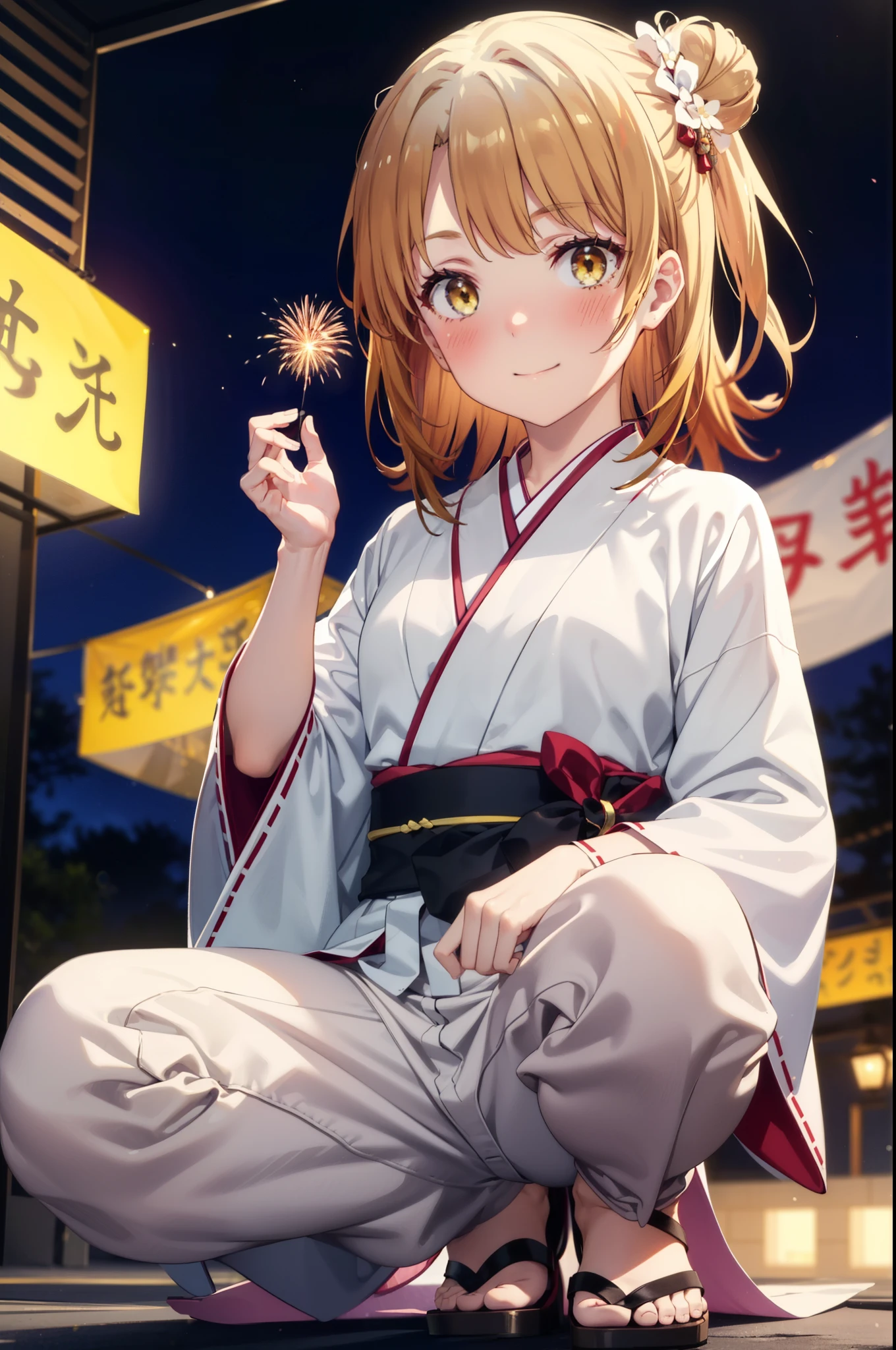 irohaisshiki, Iroha Isshiki, long hair, Brown Hair, (Brown eyes:1.5), Hair Bun, single Hair Bun,smile,Yellow kimono,Thick sleeves,Yellow hakama,White tabi,Sandals,日本のFestivalり,夏Festivalりの屋台,Red lantern,Fireworks in the night sky、Fireworks,The place is a fireworks display,Time is night,sunny day,whole bodyがイラストに入るように,歩いている
break outdoors, Festival,
break looking at viewer,whole body,
break (masterpiece:1.2), highest quality, High resolution, unity 8k wallpaper, (figure:0.8), (Beautiful fine details:1.6), Highly detailed face, Perfect lighting, Highly detailed CG, (Perfect hands, Perfect Anatomy),