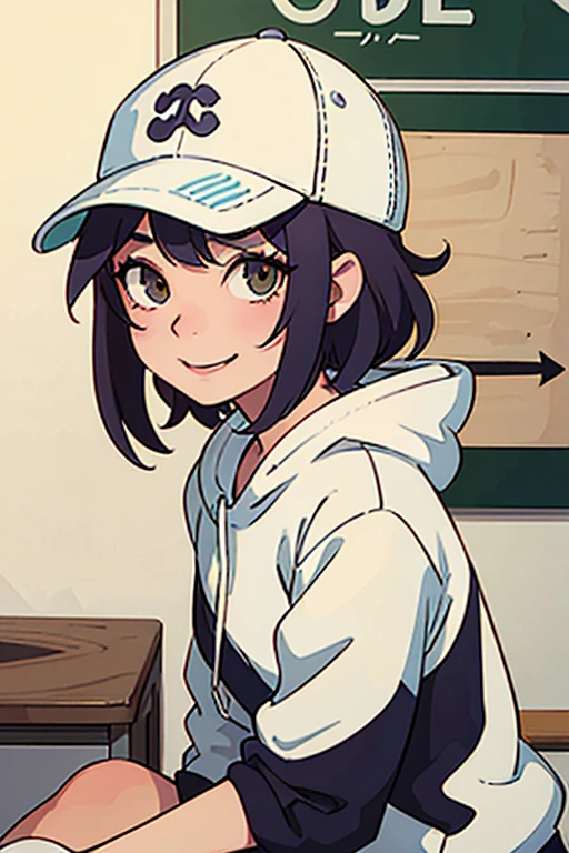 Close-up of a person wearing a ball cap and a sign, Photo by Ryusei Kishida, Pixiv, Rasquash, rei hiroe, Anime style”,smile