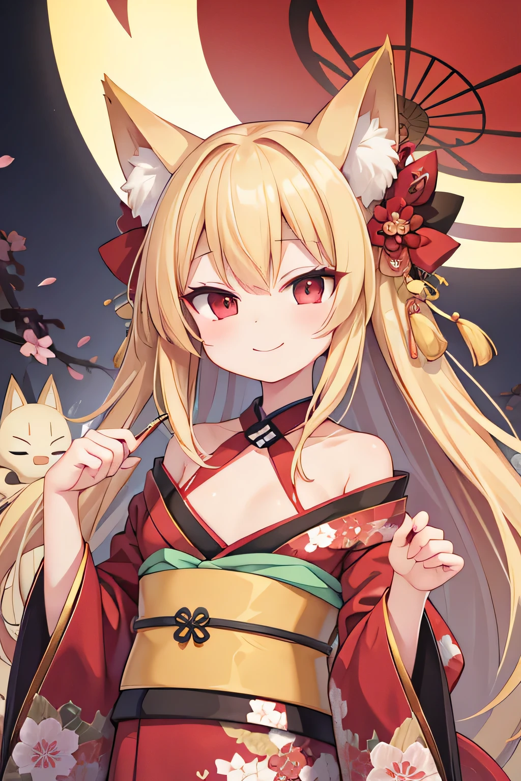 highest quality、、smile、Small breasts、Fox ears、Long blonde、Red Eye、kimono