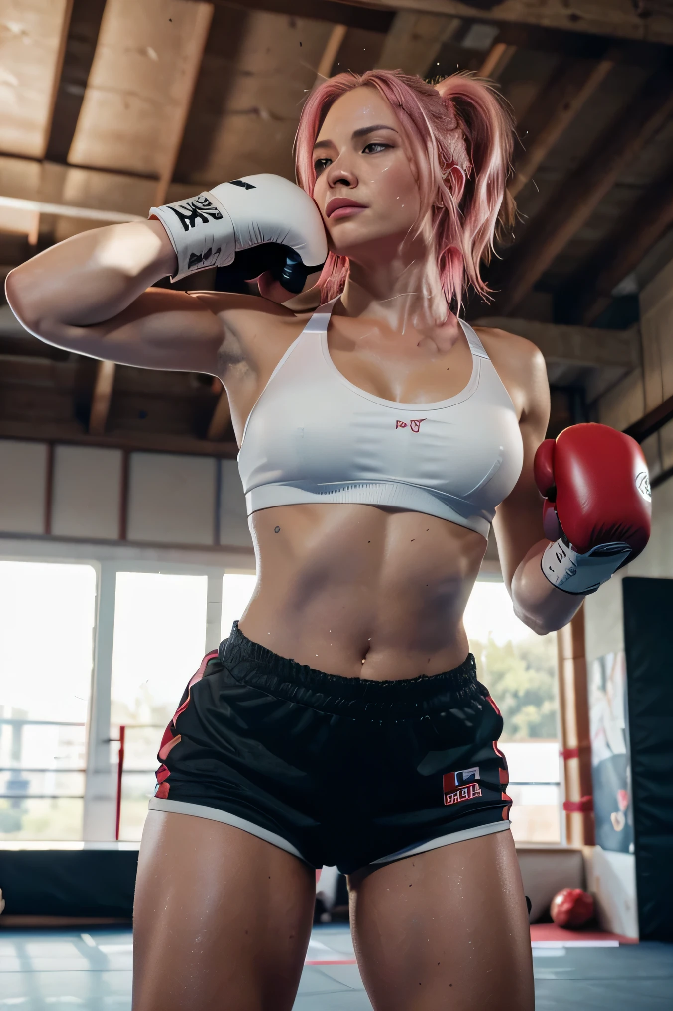 Masterpiece, pink haired woman, looks like Hillary Swank, wearing a white sports bra, black short, red boxing gloves, sweaty, in a boxing ring, realistic 
