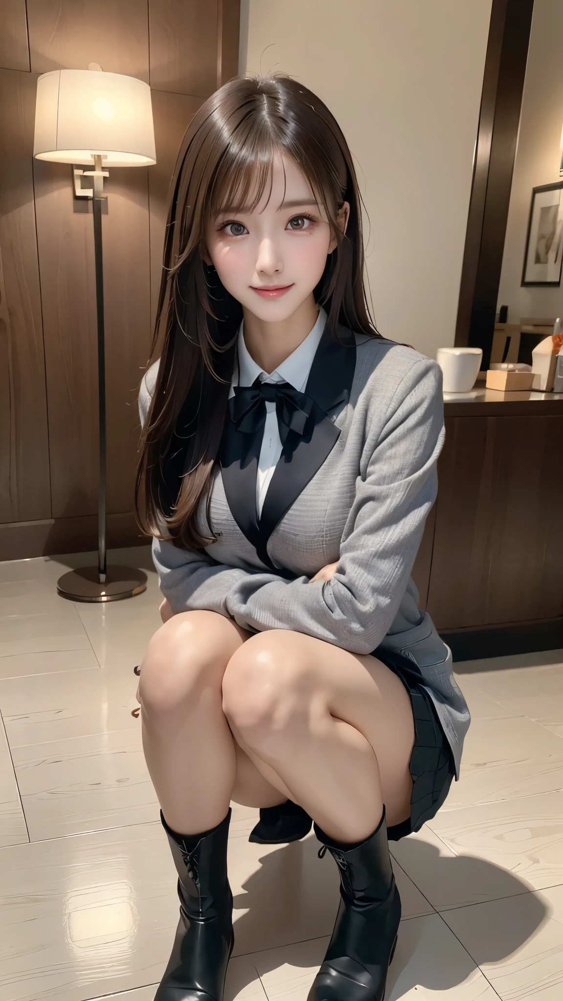 (Best Quality, 4K, 8K, hight resolution, masutepiece:1.2),1 beautiful young girl, Super beautiful detailed face, shyly smile, Symmetrical black eyes),  1 girl with a perfect body， Super fine face and eyes，slong hair，(fishnet garment:1.3, grey blazer, ribbon, socks, long-boots, high school uniform: 1.2)，hime cut hair, (Fine face:1.2), High quality, Realistic, Highly detailed CG unified 8K dendenden wallpaper, Highly detailed, High-definition raw color photos, Professional Photography, Realistic portrait, Cinematic Light, Beautiful detailed, Super Detail, high details,  depth of fields, ((FULL BODYSHOT:1.5))、Medium Hair、semi long hair、(thighs)、(beauty legs)、(Idol Face)、Embarrassed face、 Ultra-detailed, (Realistic, Photorealistic, Photorealsitic:1.37), (Beautiful detailed eyes, Beautiful detailed lips, extremely detailed eye and face), Vivid colors, (Big Tits, ultra, Glamorous body), (Long black straight hair, Shiny hair, Shiny skin),(Photographed up to the calf)、full body Esbian