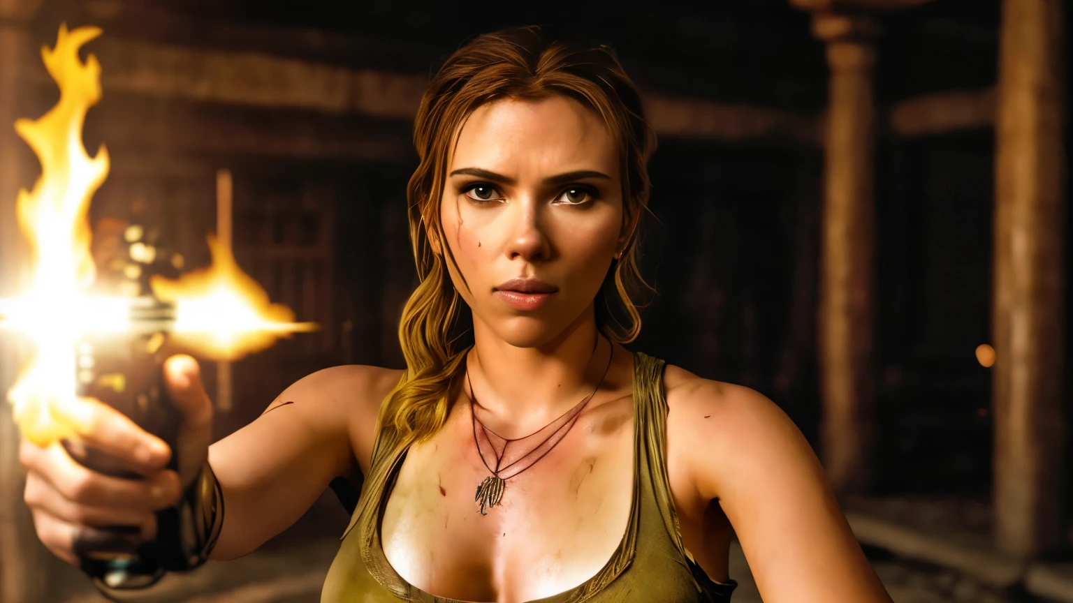 Scarlett Johansson as Lara Croft, emerging from the shadows of a forgotten temple, the light revealing her confident smirk as she holds a priceless relic, High-resolution photography, using professional lighting to capture her face with clarity,