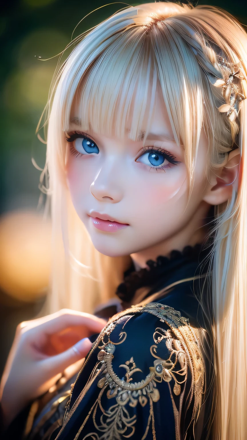 night, Raw photo, (((Very beautiful portrait))), (Glowing Skin)), 1 girl, 16 year old beautiful girl from Prague, (((Natural platinum blonde hair)), [Bright Blue Eyes], Super long hair, eyeliner, Fluttering Hair, bangs over eyes、Vibrant, ((masterpiece, 最high quality, Ultra Detail, Cinematic Light, Intricate details, High resolution, 8K, Very detailed)), Detail Background, 8K uhd, Digital single-lens reflex camera, Soft lighting, high quality, Film Grain, Fujifilm XT3, Shallow depth of field, Natural light, (Perfect hands), Perfect Face, View from afar、Small Face Beauty、