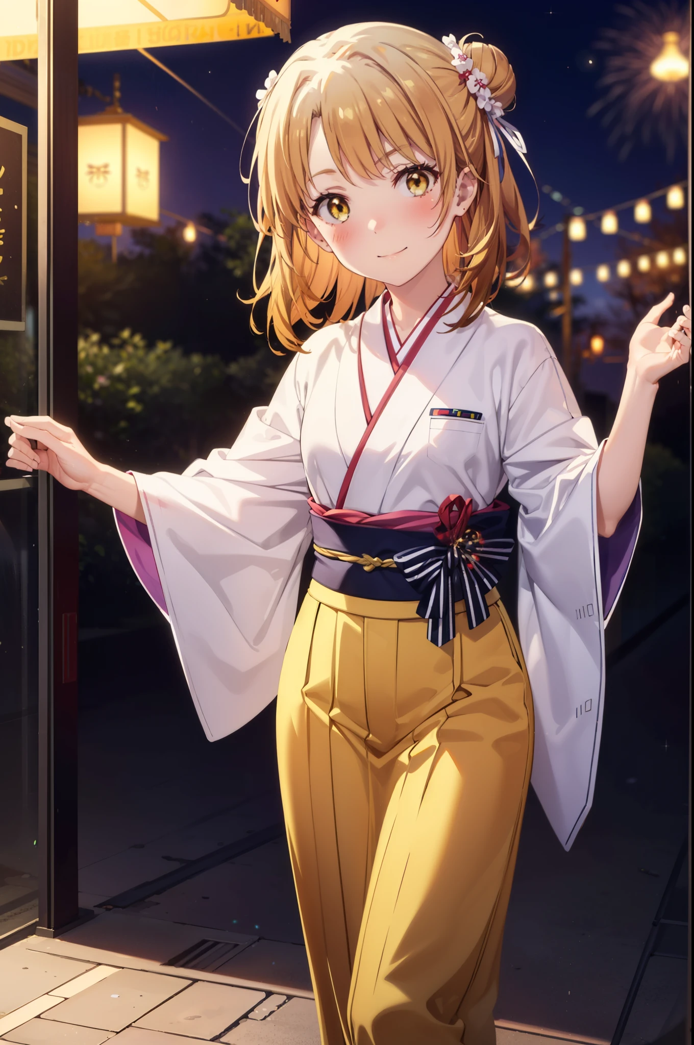 irohaisshiki, Iroha Isshiki, long hair, Brown Hair, (Brown eyes:1.5), Hair Bun, single Hair Bun,smile,Yellow kimono,Thick sleeves,Yellow hakama,White tabi,Sandals,日本のFestivalり,夏Festivalりの屋台,Red lantern,Fireworks in the night sky、Fireworks,The place is a fireworks display,Time is night,sunny day,whole bodyがイラストに入るように,歩いている
break outdoors, Festival,
break looking at viewer,whole body,
break (masterpiece:1.2), highest quality, High resolution, unity 8k wallpaper, (figure:0.8), (Beautiful fine details:1.6), Highly detailed face, Perfect lighting, Highly detailed CG, (Perfect hands, Perfect ???????),