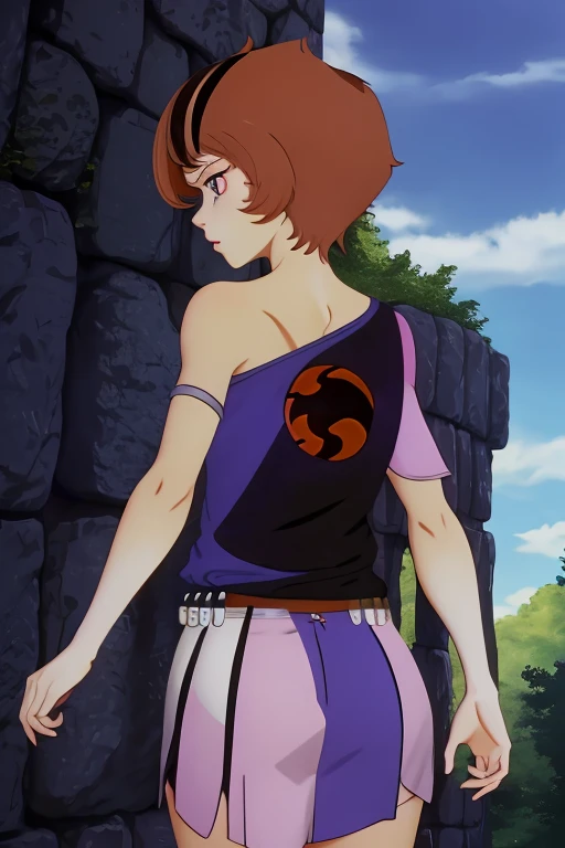 absurdres, realistic, wilykit, brown hair, black stripe hair, upper body, blue tank top, multicolored skirt, one shoulder out, eye of thundera, utility belt, silver armlet, detailed eyes on fours, ass, back view