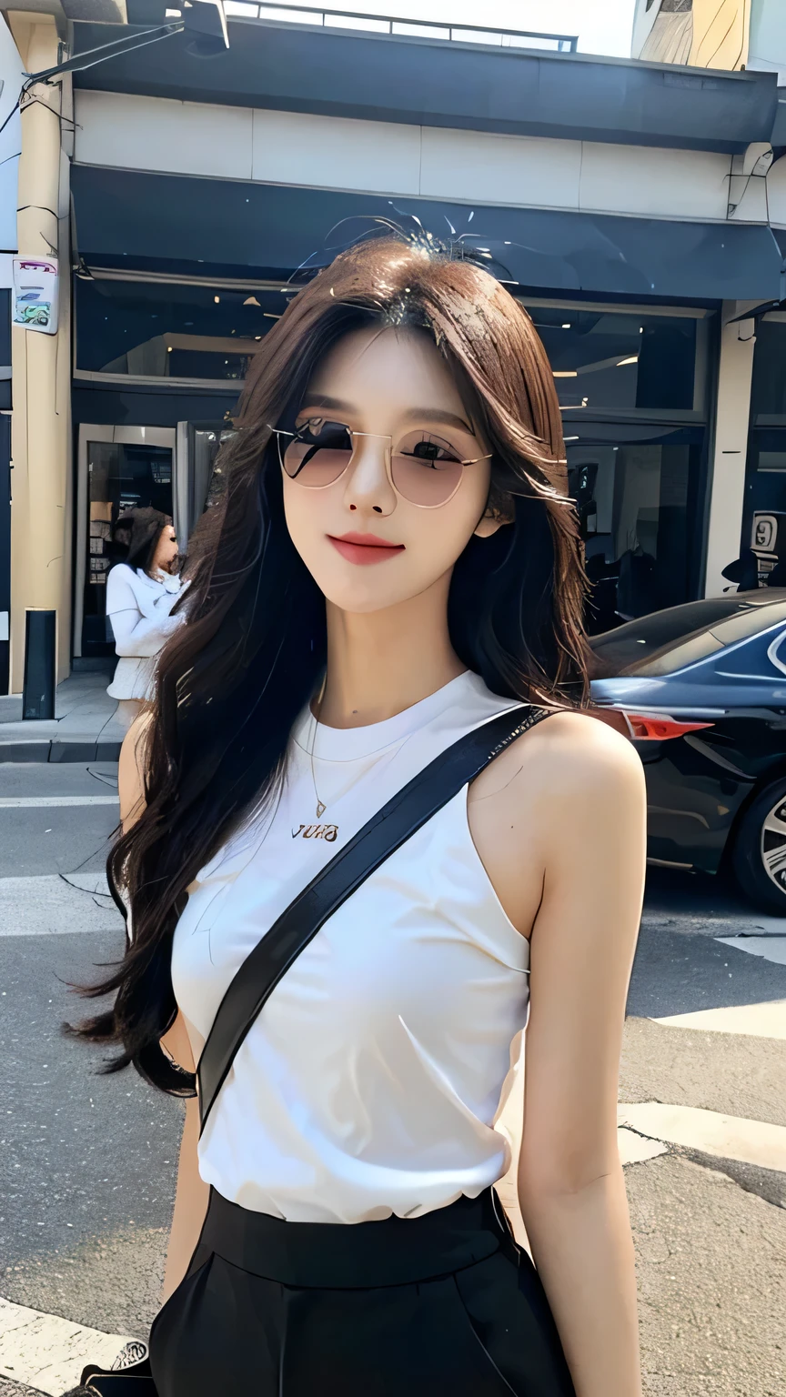 masterpiece、top-quality)、1 beutiful girl、Slim body、((Black and white plain clothes:1.1))、((Wearing black sunglasses )), (Detailed beautiful eyes)、Walk around the store、((Boyish Brown Medium Hair))、((Smaller face))、((Neutral face))、((Face seen from the side))、((Light brown eyes))、((Korean Girl))、((18year old))、((cool lady))、((A shy smile on his face))、((Korean Makeup))、((elongated and sharp eyes))、((Happy dating))、((looking distantly))、((boyish))、((Shot from the same height as your face))、((Shorter than viewer))、((She is running ahead of the viewer))、((Hold your mouth with your hand))