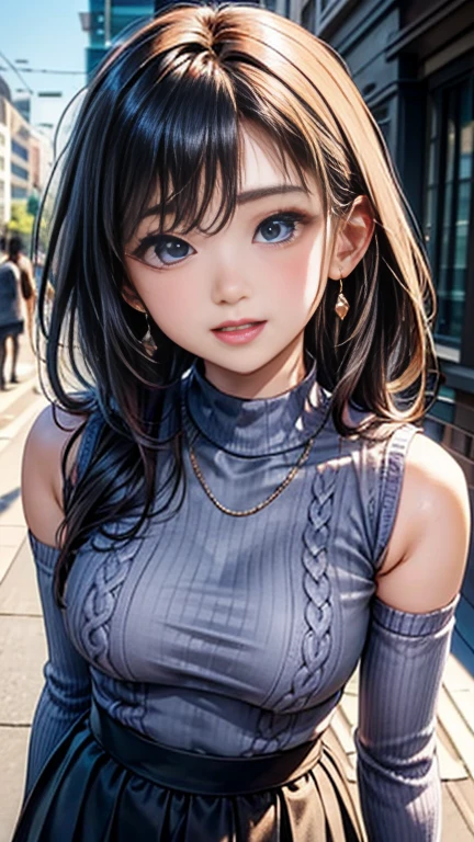 ((highest quality)), ((masterpiece)), (Very detailed), (Very high resolution), 4k, Anime 2D Rendering, Realistic,
One Girl:1.5,
BREAK Symmetrical Face:1.4, Perfect Face, Beautiful clavicle, Beautiful fingers, Beautiful breasts, (Slightly smaller chest),
Beautiful body, Beautiful thighs, Beautiful feet, Perfect round butt, (Detailed skin), Beautiful white skin:1.2, Shiny skin:1.4,
BREAK Baby Face, cute, 18-year-old,
Double eyelids, Natural eyebrows,
(Slanted Eyes), Beautiful and delicate eyes, Sparkling eyes, (Dark blue eyes),
Glossy mouth,
BREAK Beautiful Hair, Shiny Hair, Hair fluttering, (Black Hair), Medium Hair:1.4,
BREAK
(Shiny white high neck knit sweater:1.2、No sleeve:1.3), Light blue maxi skirt:1.2、sneakers)、Earrings、Silver Necklace BREAK
(laugh), sunlight, Under the blue sky, Turn your face and body towards me