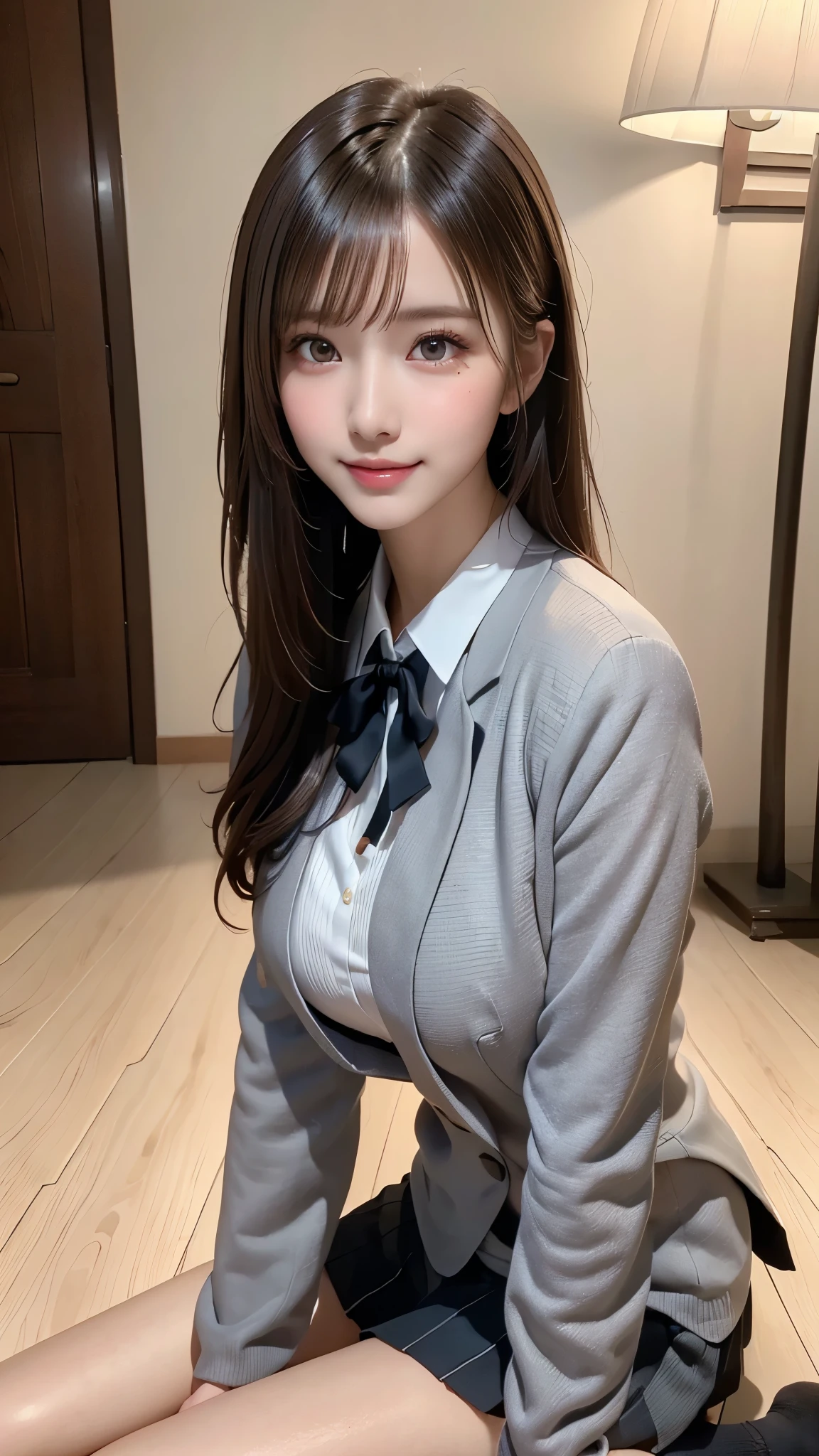 (Best Quality, 4K, 8K, hight resolution, masutepiece:1.2),1 beautiful young girl, Super beautiful detailed face, shyly smile, Symmetrical black eyes),  1 girl with a perfect body， Super fine face and eyes，slong hair，(fishnet garment:1.3, grey blazer, ribbon, socks, high school uniform: 1.2)，hime cut hair, (Fine face:1.2), High quality, Realistic, Highly detailed CG unified 8K dendenden wallpaper, Highly detailed, High-definition raw color photos, Professional Photography, Realistic portrait, Cinematic Light, Beautiful detailed, Super Detail, high details,  depth of fields, ((FULL BODYSHOT:1.5))、Medium Hair、semi long hair、(thighs)、(beauty legs)、(Idol Face)、Embarrassed face、 Ultra-detailed, (Realistic, Photorealistic, Photorealsitic:1.37), (Beautiful detailed eyes, Beautiful detailed lips, extremely detailed eye and face), Vivid colors, (Big Tits, ultra, Glamorous body), (Long black straight hair, Shiny hair, Shiny skin),(Photographed up to the calf)、full body Esbian