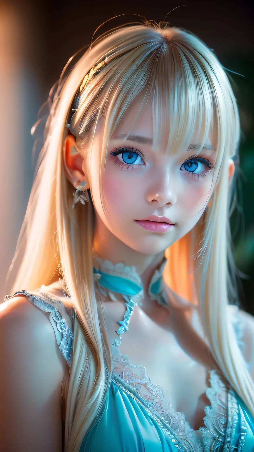 night, Raw photo, (((Very beautiful portrait))), (Glowing Skin)), 1 girl, 16 year old beautiful girl from Prague, (((Natural platinum blonde hair)), [Bright Blue Eyes], Super long hair, eyeliner, Fluttering Hair, bangs over eyes、Vibrant, ((masterpiece, 最high quality, Ultra Detail, Cinematic Light, Intricate details, High resolution, 8K, Very detailed)), Detail Background, 8K uhd, Digital single-lens reflex camera, Soft lighting, high quality, Film Grain, Fujifilm XT3, Shallow depth of field, Natural light, (Perfect hands), Perfect Face, View from afar、Small Face Beauty、