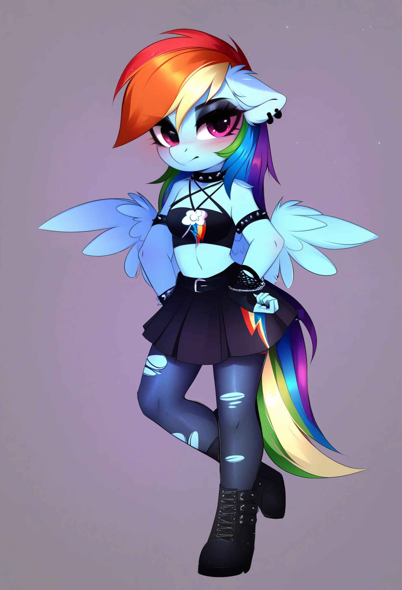 score_9, score_8_up, score_7_up, source_furry, rating_safe, by magnaluna, rainbow_dash_(mlp)  posing seductively in a goth bedroom, anthro, blushing, fullbody, full body