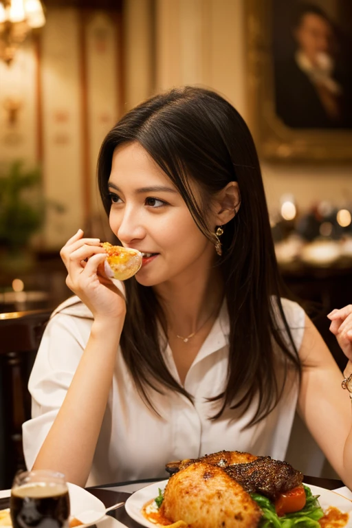 best quality,HD,A beautiful woman is eating,Eat high-end Italian cuisine,Eat with gusto。