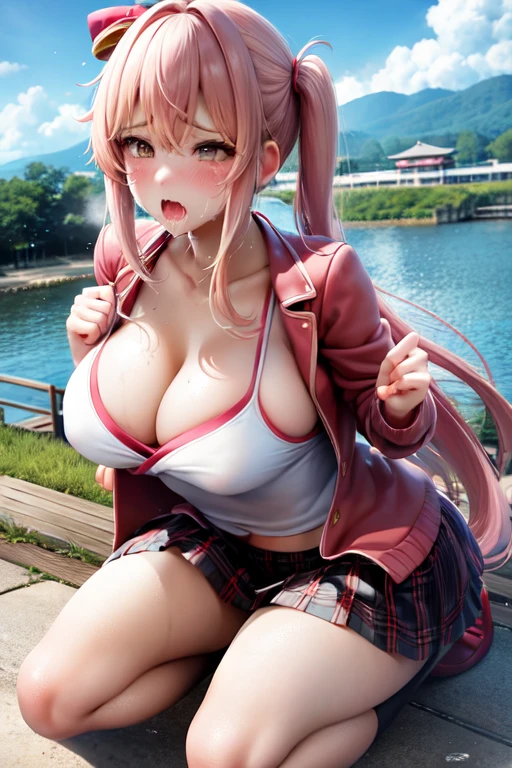 1 Girl, nakiri it has, Kneel down, High Leg Raise, navy High Leg Raise, jacket, Plaid skirt, Hands on breasts, (Cleavage)outdoor, Japanese cartoons_Screenshots_it has (Squinting ,tearful,Shy,blush,Open your mouth,saliva,)