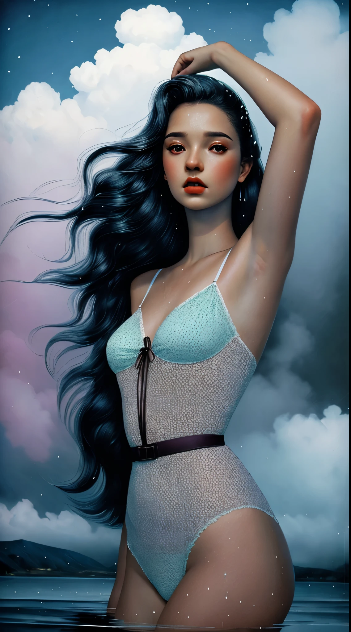 (, line art, halftone),((startled,full shot body,looking at viewer, )),(,perfect face, 1960 vintage dress,wide hips),(Pastel colors,dreamscape,white sky,fog) photorealistic, warm lighting, masterpiece, best quality, ultra-detailed, 1girl, Hu Tao, black lingerie, long hair, beautiful detailed purple eyes, detailed wet clothes, blank stare, floating, beautiful detailed sky, on beautiful detailed water, dynamic angle, overexposure, illustration, hands up, armpit, wet,